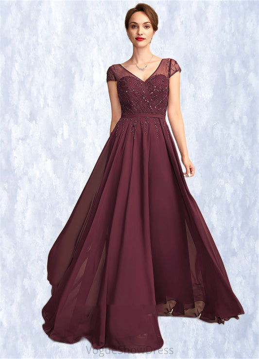 Sarai A-Line V-neck Floor-Length Chiffon Mother of the Bride Dress With Beading Sequins DL126P0015028