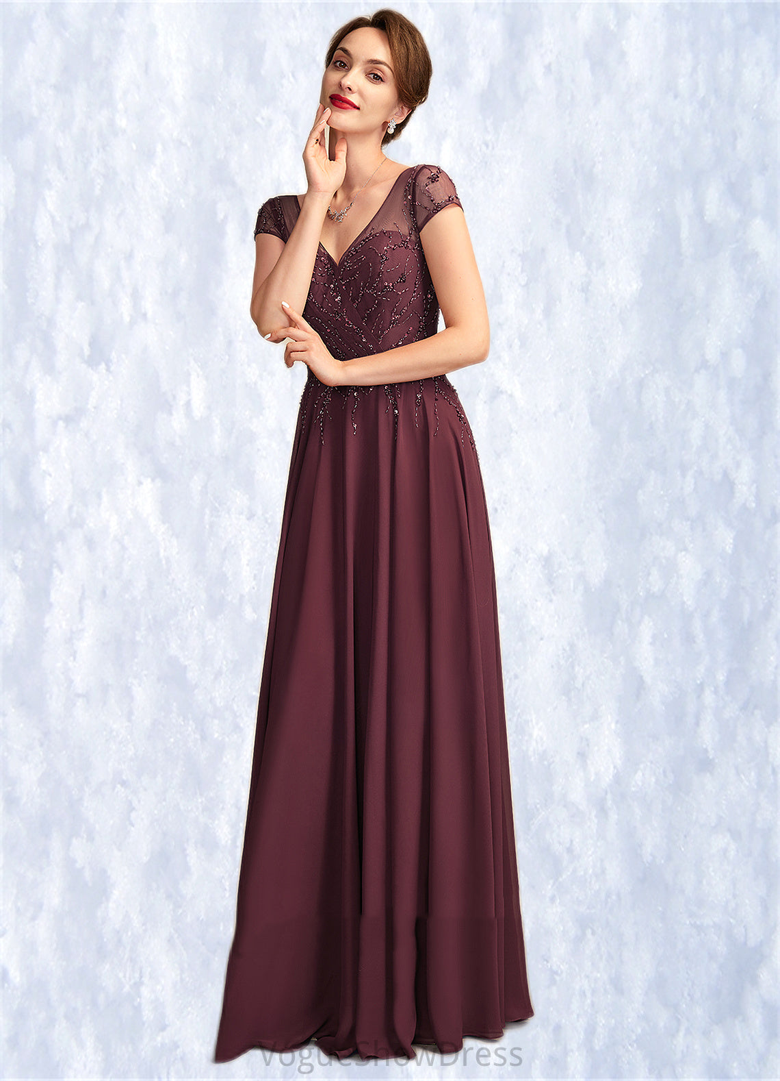 Sarai A-Line V-neck Floor-Length Chiffon Mother of the Bride Dress With Beading Sequins DL126P0015028