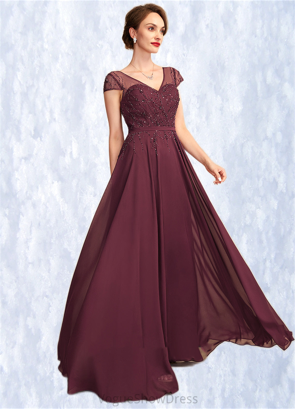 Sarai A-Line V-neck Floor-Length Chiffon Mother of the Bride Dress With Beading Sequins DL126P0015028