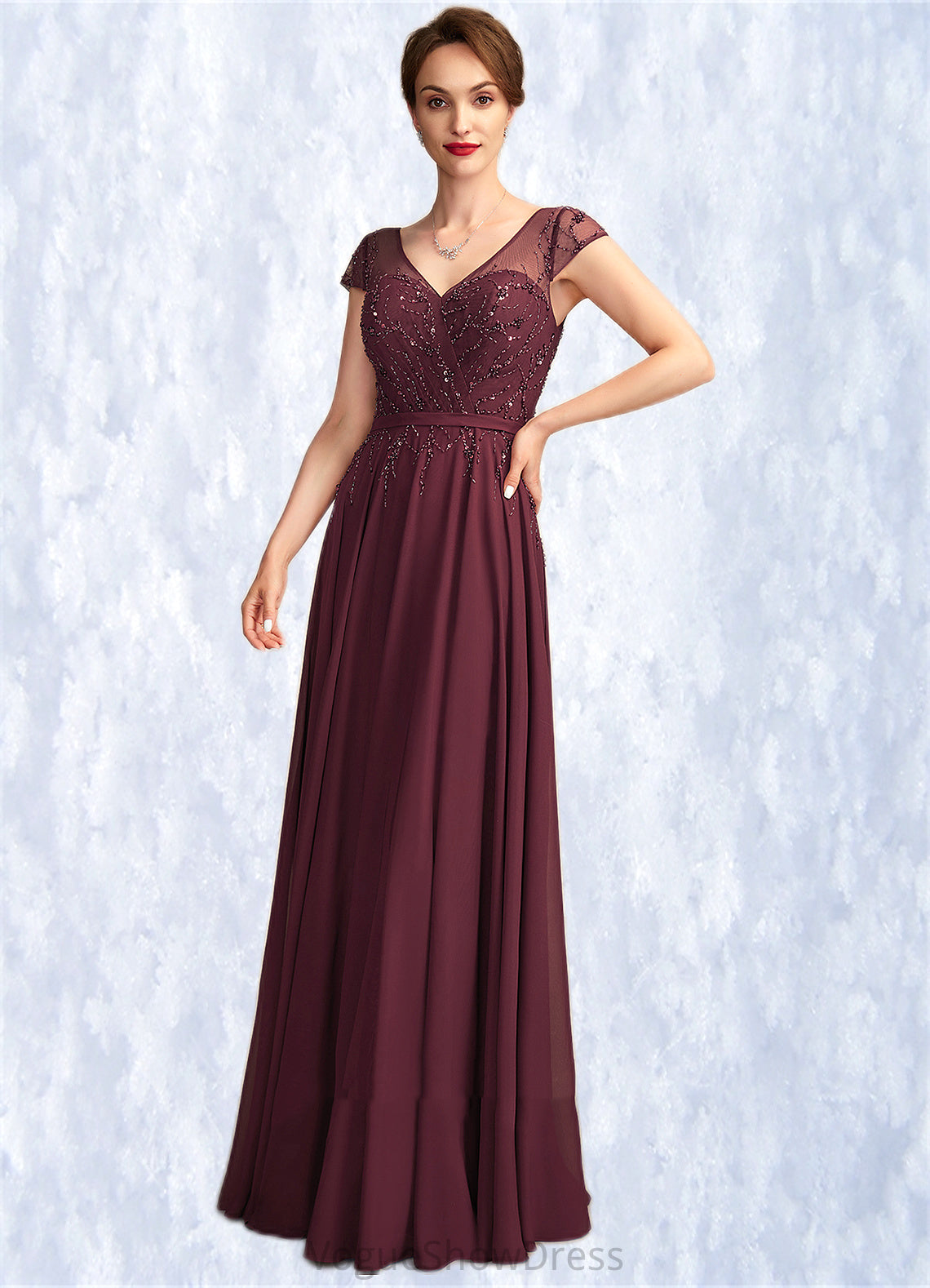 Sarai A-Line V-neck Floor-Length Chiffon Mother of the Bride Dress With Beading Sequins DL126P0015028