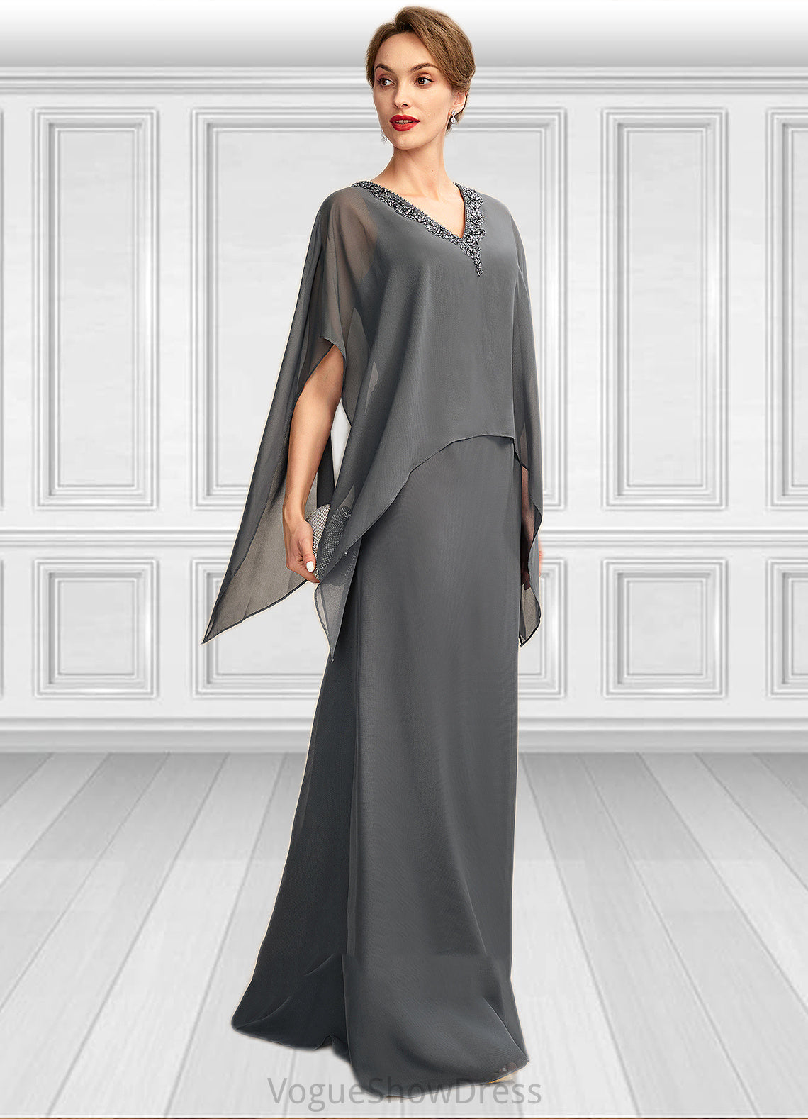 Kelly A-line V-Neck Floor-Length Chiffon Mother of the Bride Dress With Beading Sequins DL126P0015031