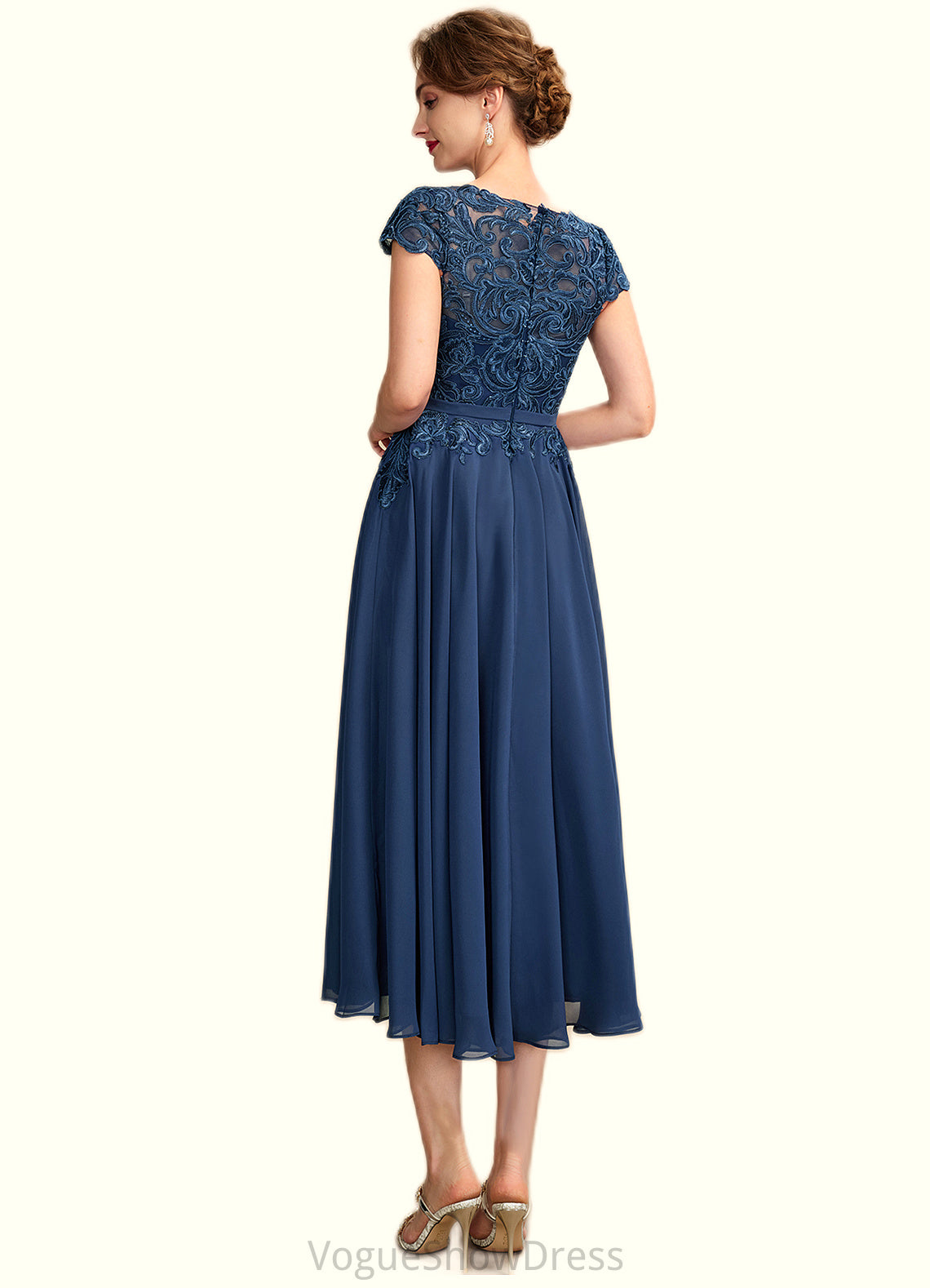 Aliana A-Line Scoop Neck Tea-Length Chiffon Lace Mother of the Bride Dress DL126P0015032