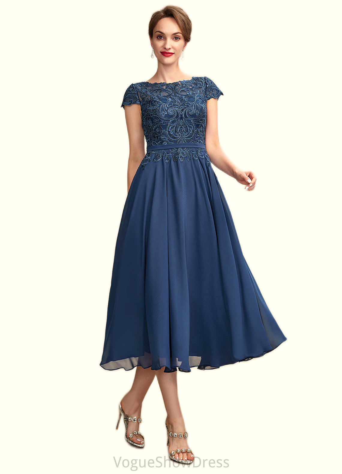 Aliana A-Line Scoop Neck Tea-Length Chiffon Lace Mother of the Bride Dress DL126P0015032