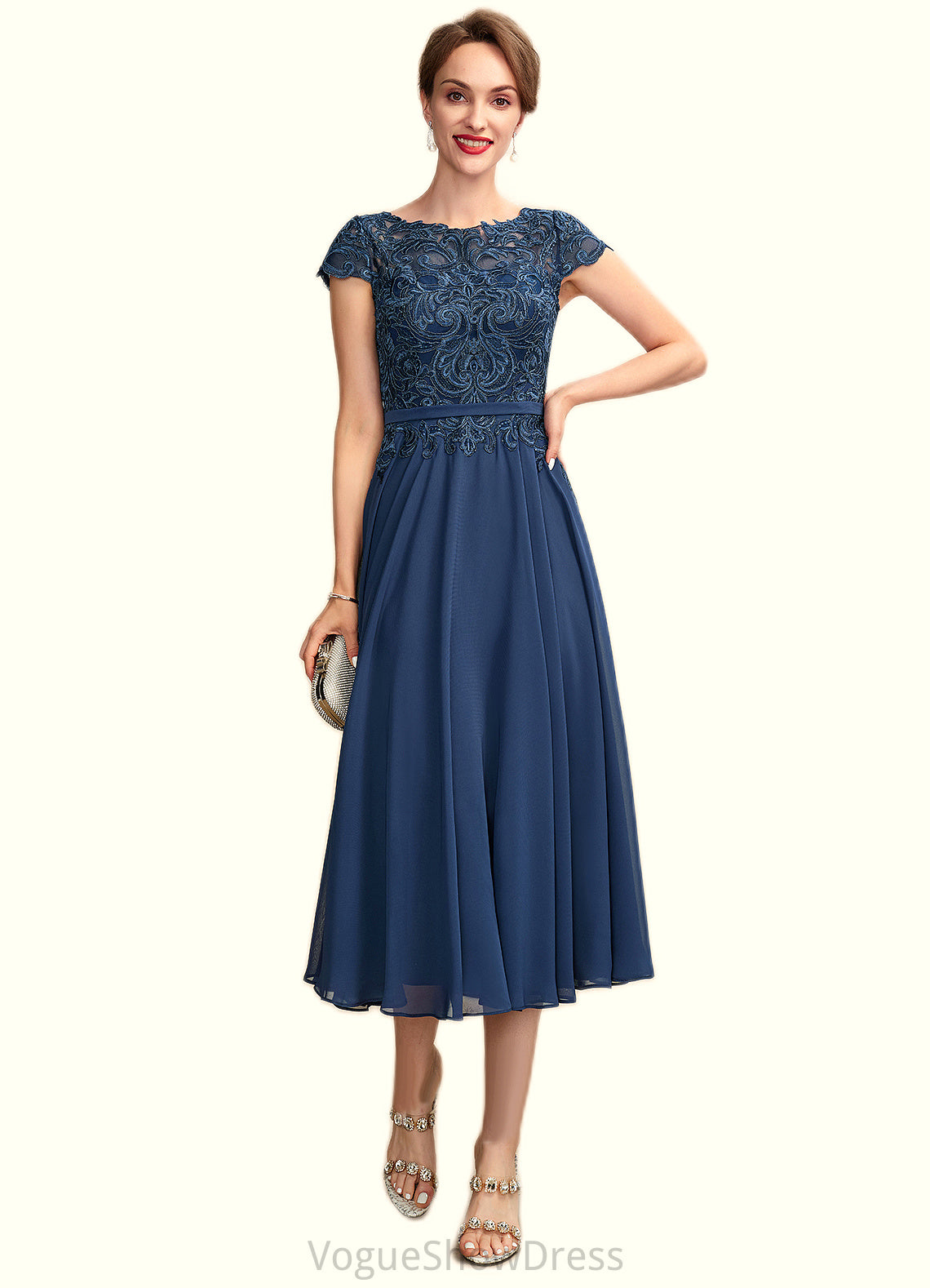 Aliana A-Line Scoop Neck Tea-Length Chiffon Lace Mother of the Bride Dress DL126P0015032