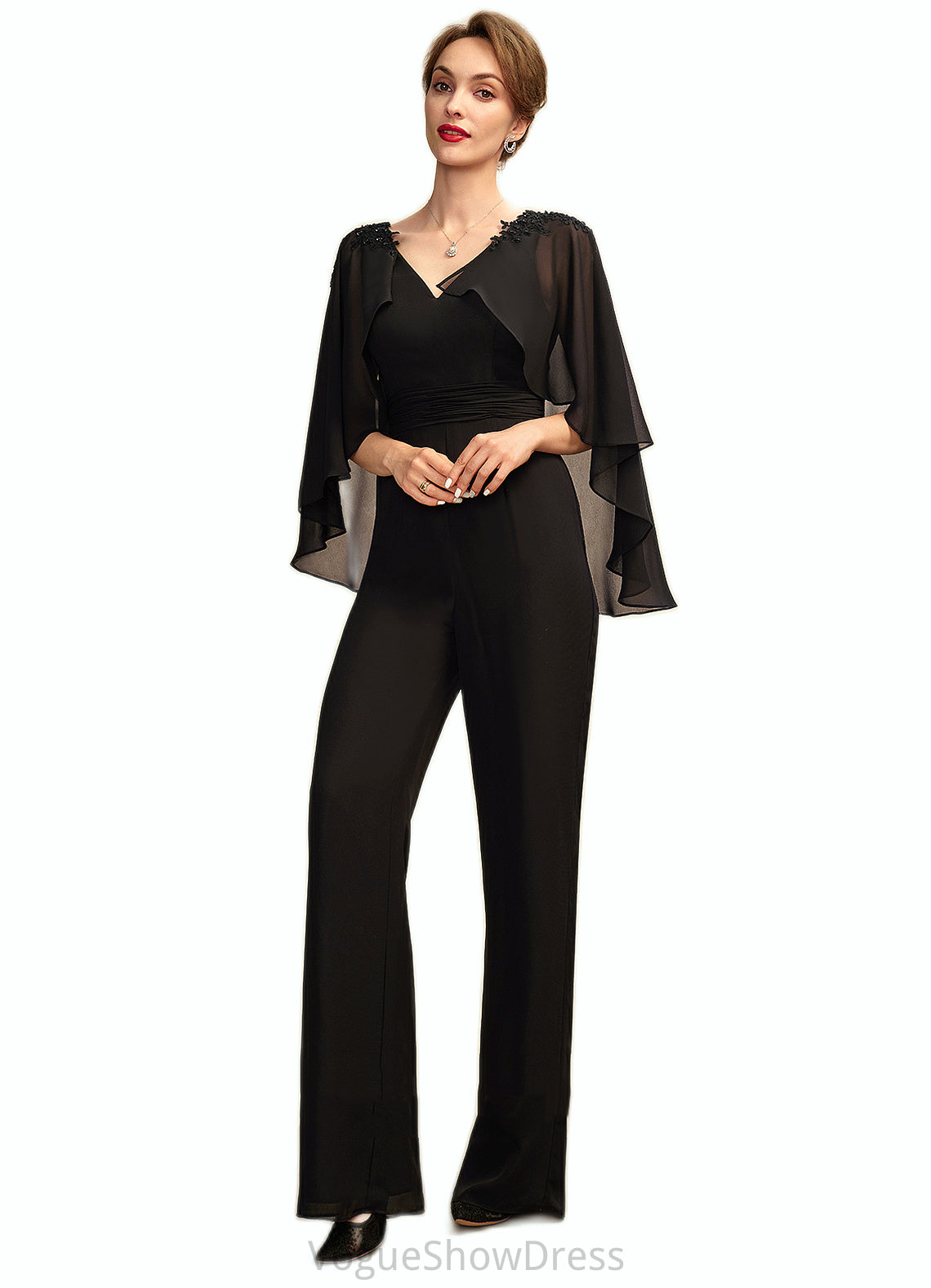 Geraldine Jumpsuit/Pantsuit V-neck Floor-Length Chiffon Mother of the Bride Dress With Ruffle Beading Appliques Lace Sequins DL126P0015033