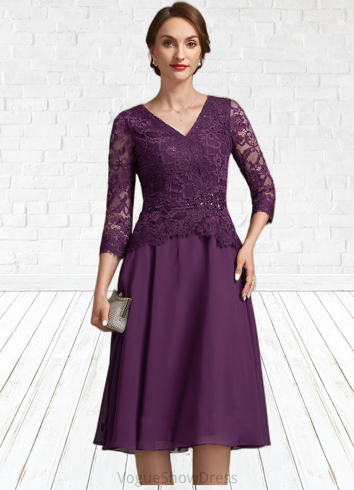 Kali A-Line V-neck Knee-Length Chiffon Lace Mother of the Bride Dress With Beading Sequins DL126P0015035