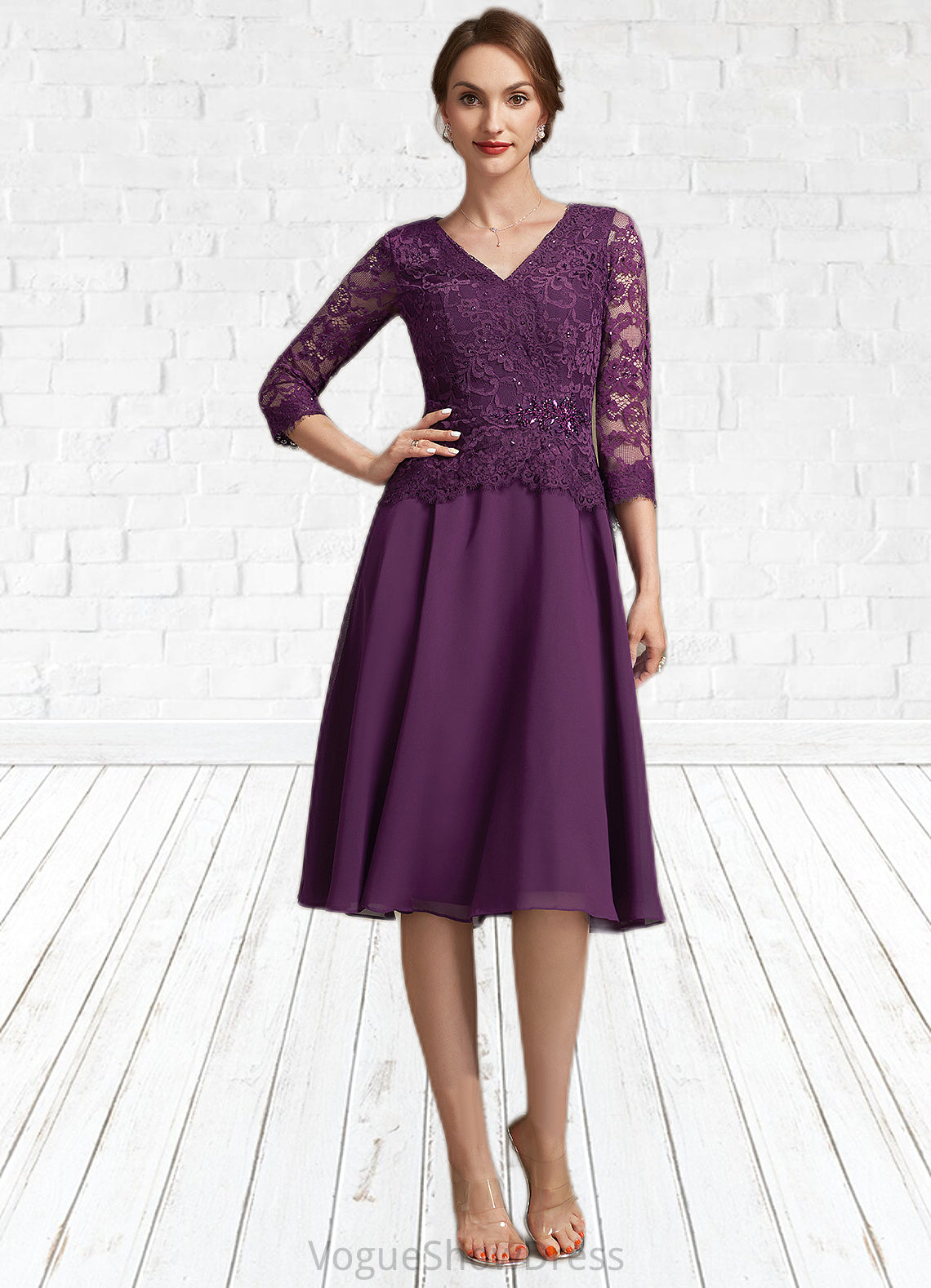 Kali A-Line V-neck Knee-Length Chiffon Lace Mother of the Bride Dress With Beading Sequins DL126P0015035