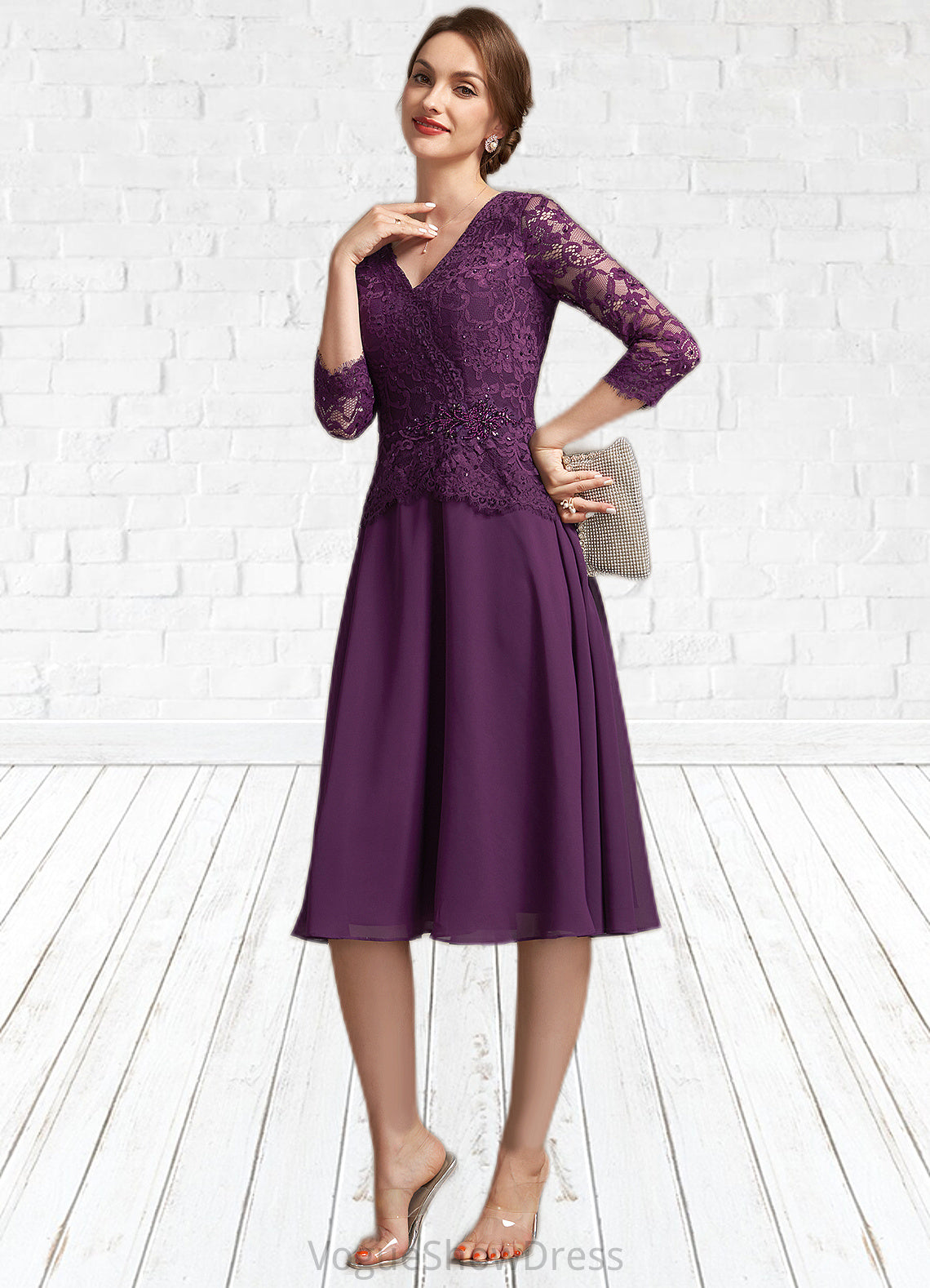 Kali A-Line V-neck Knee-Length Chiffon Lace Mother of the Bride Dress With Beading Sequins DL126P0015035