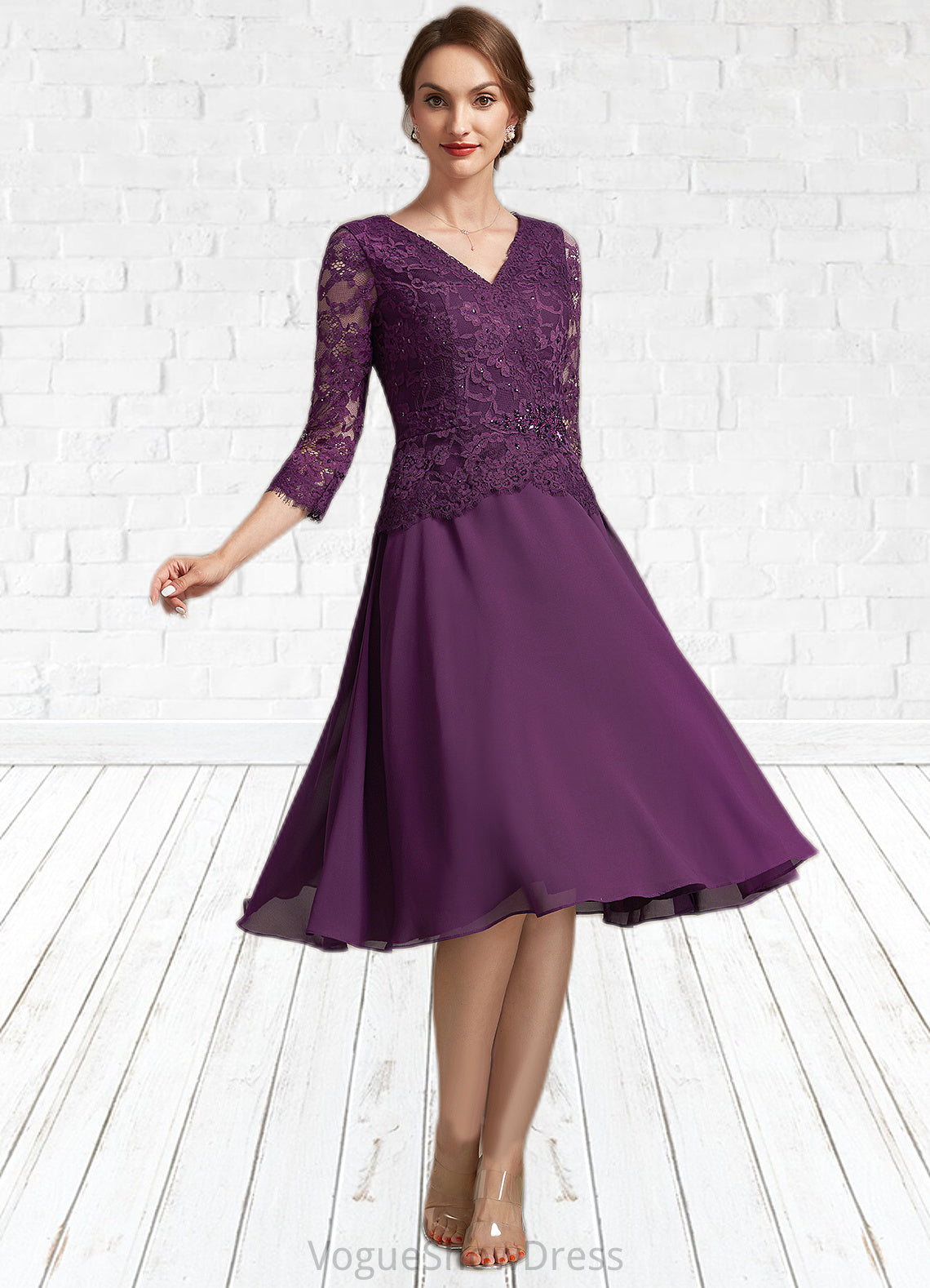 Kali A-Line V-neck Knee-Length Chiffon Lace Mother of the Bride Dress With Beading Sequins DL126P0015035