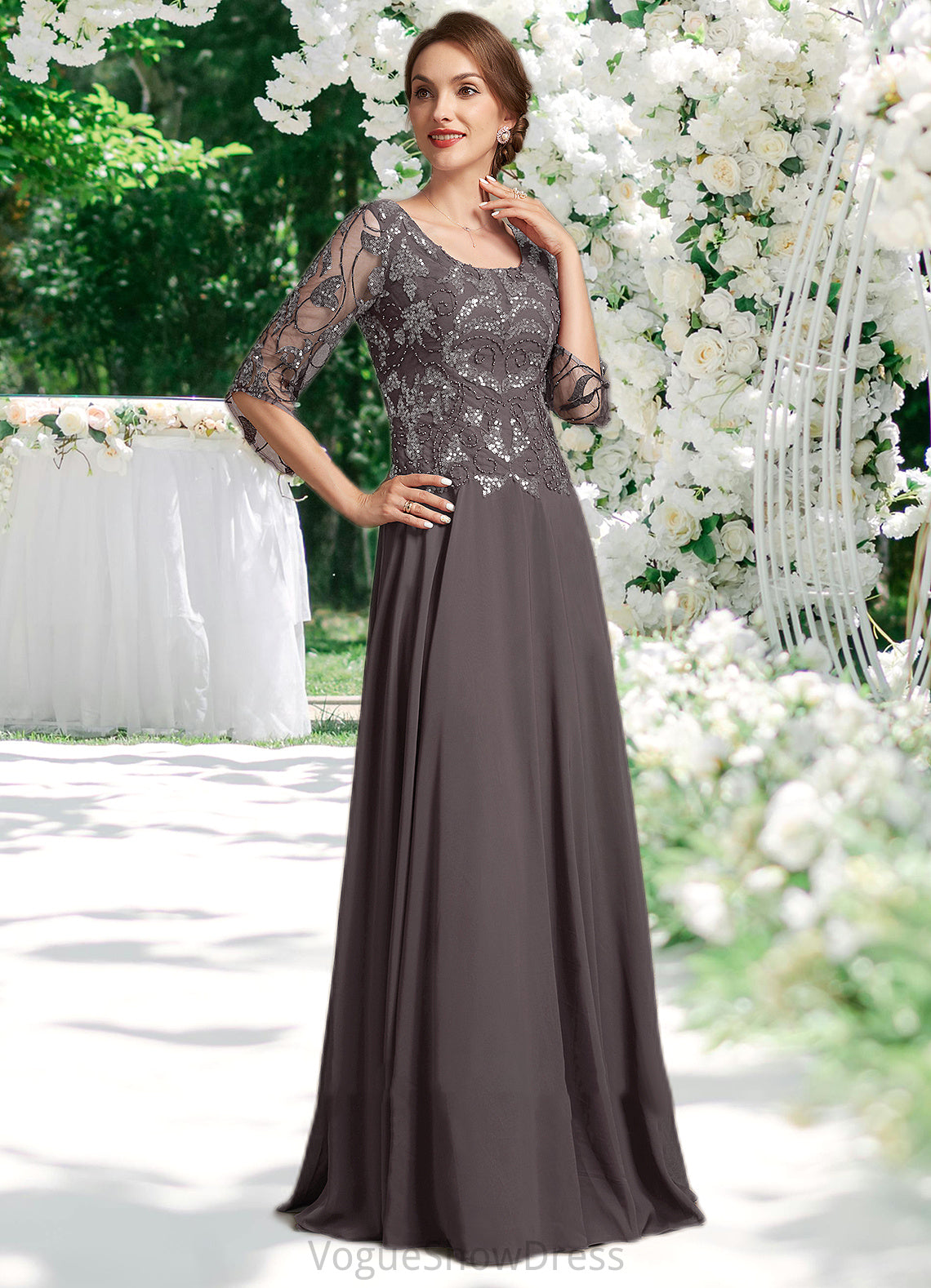 Giuliana A-Line Scoop Neck Floor-Length Chiffon Lace Mother of the Bride Dress With Beading Sequins DL126P0015036