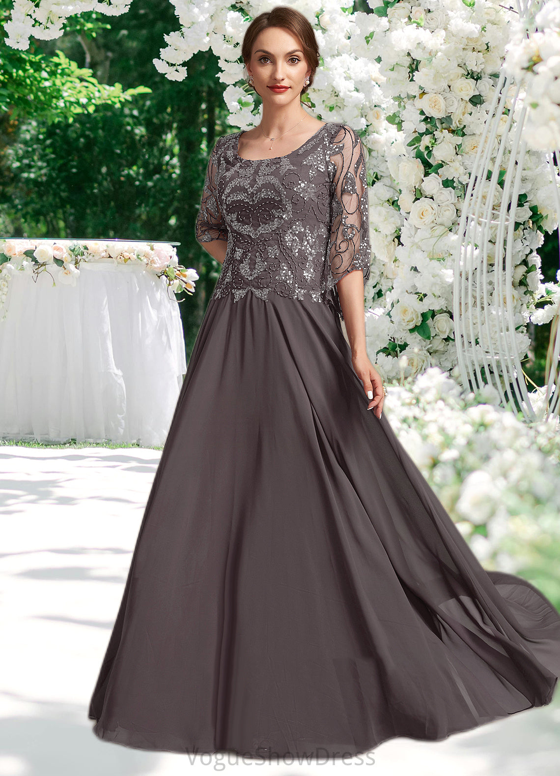 Giuliana A-Line Scoop Neck Floor-Length Chiffon Lace Mother of the Bride Dress With Beading Sequins DL126P0015036