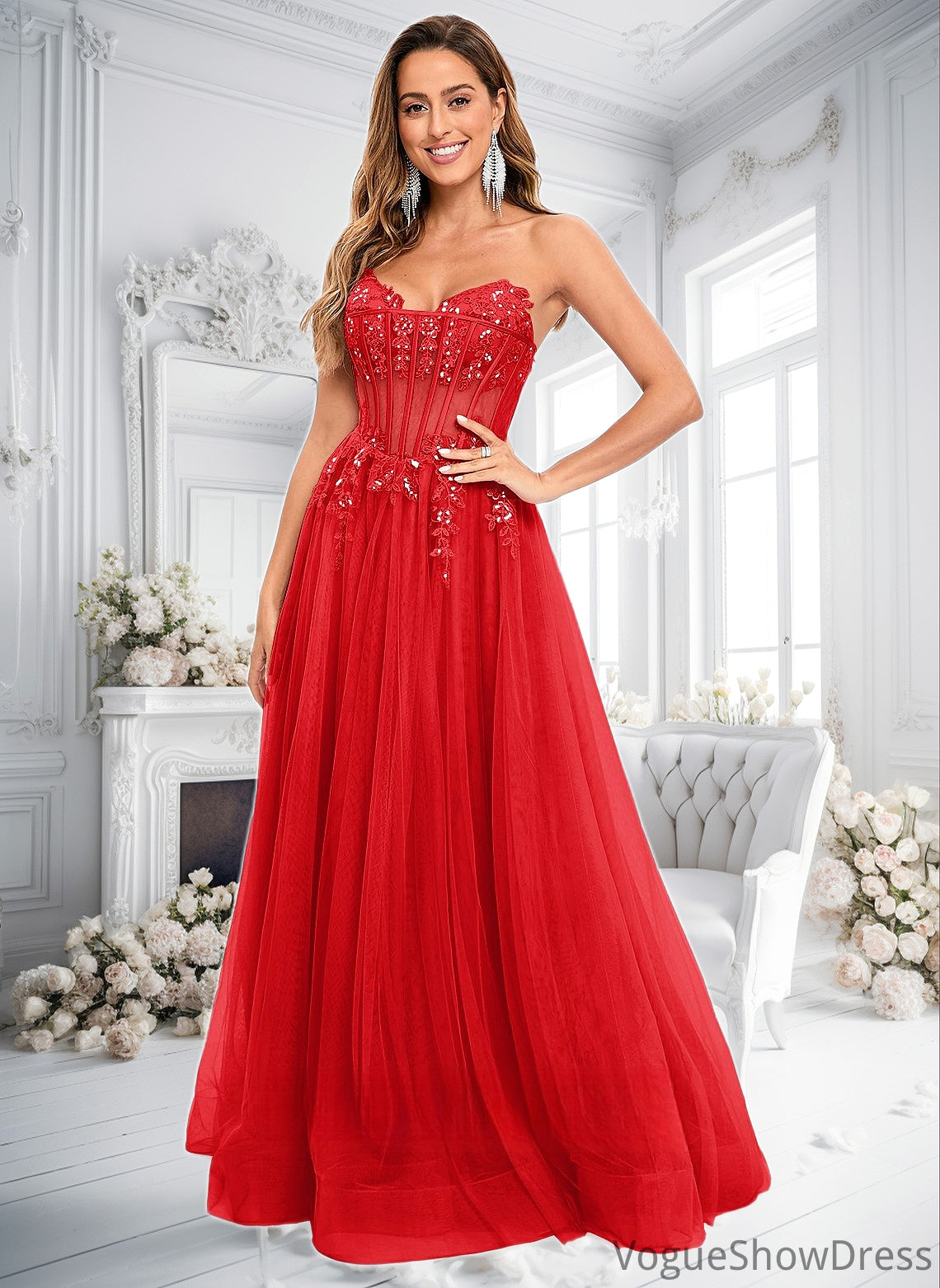 Jaylyn Ball-Gown/Princess V-Neck Floor-Length Tulle Prom Dresses With Sequins Appliques Lace DLP0025837