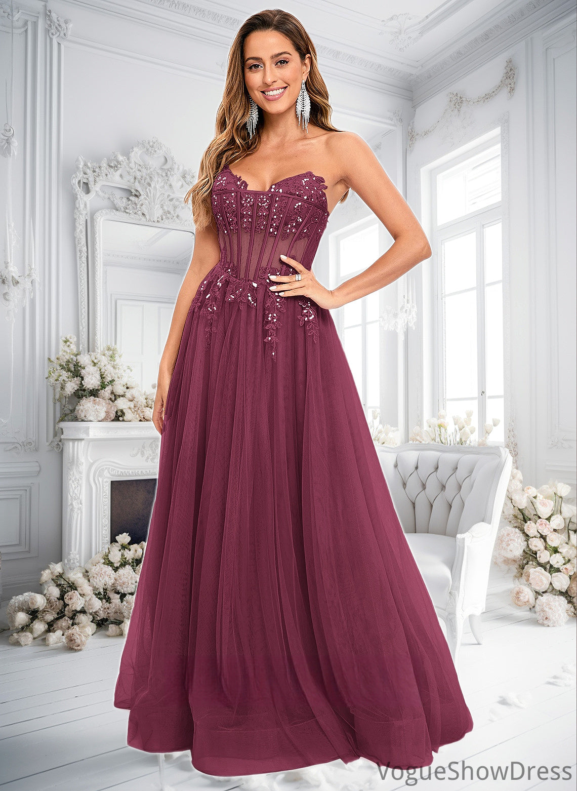 Jaylyn Ball-Gown/Princess V-Neck Floor-Length Tulle Prom Dresses With Sequins Appliques Lace DLP0025837