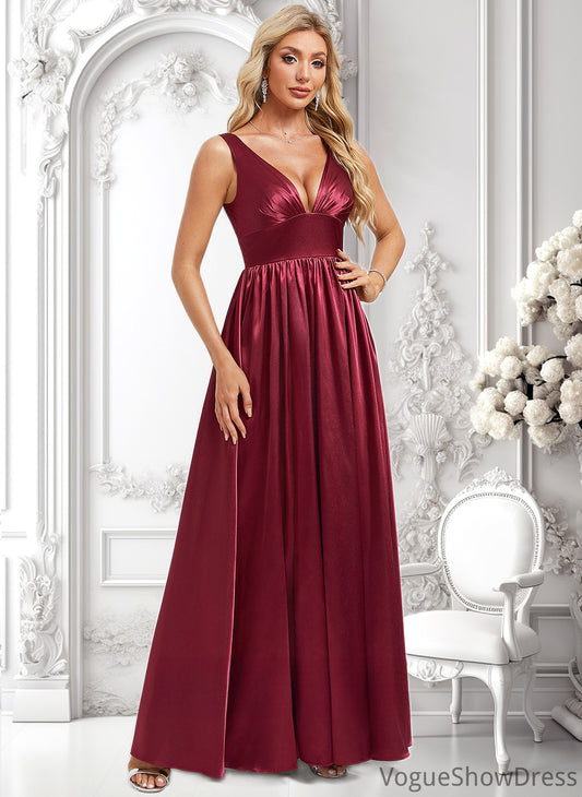 Nathalie A-line V-Neck Floor-Length Stretch Satin Bridesmaid Dress DLP0025771