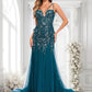 Holly Trumpet/Mermaid V-Neck Sweep Train Tulle Prom Dresses With Sequins Appliques Lace DLP0025853