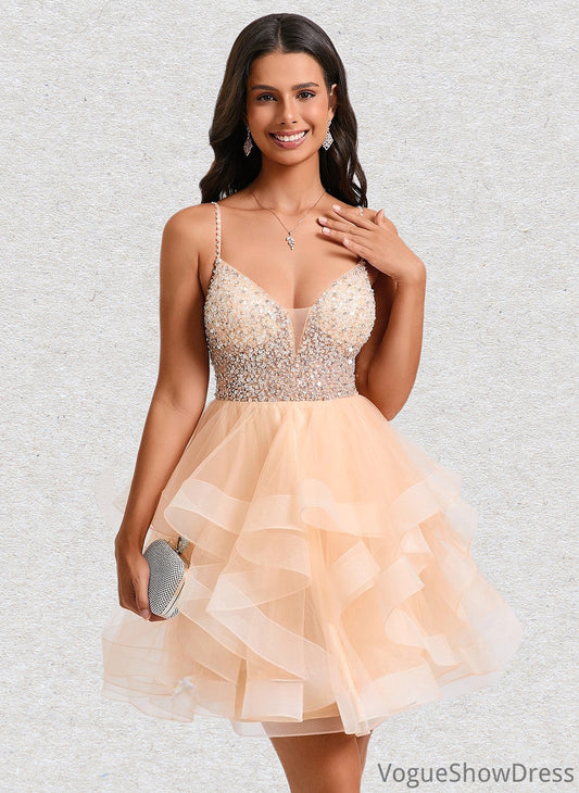 Faith Ball-Gown/Princess V-Neck Short Tulle Homecoming Dress With Beading Sequins DLP0025646