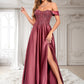 Gemma A-line Off the Shoulder Floor-Length Satin Lace Prom Dresses With Sequins DLP0025841