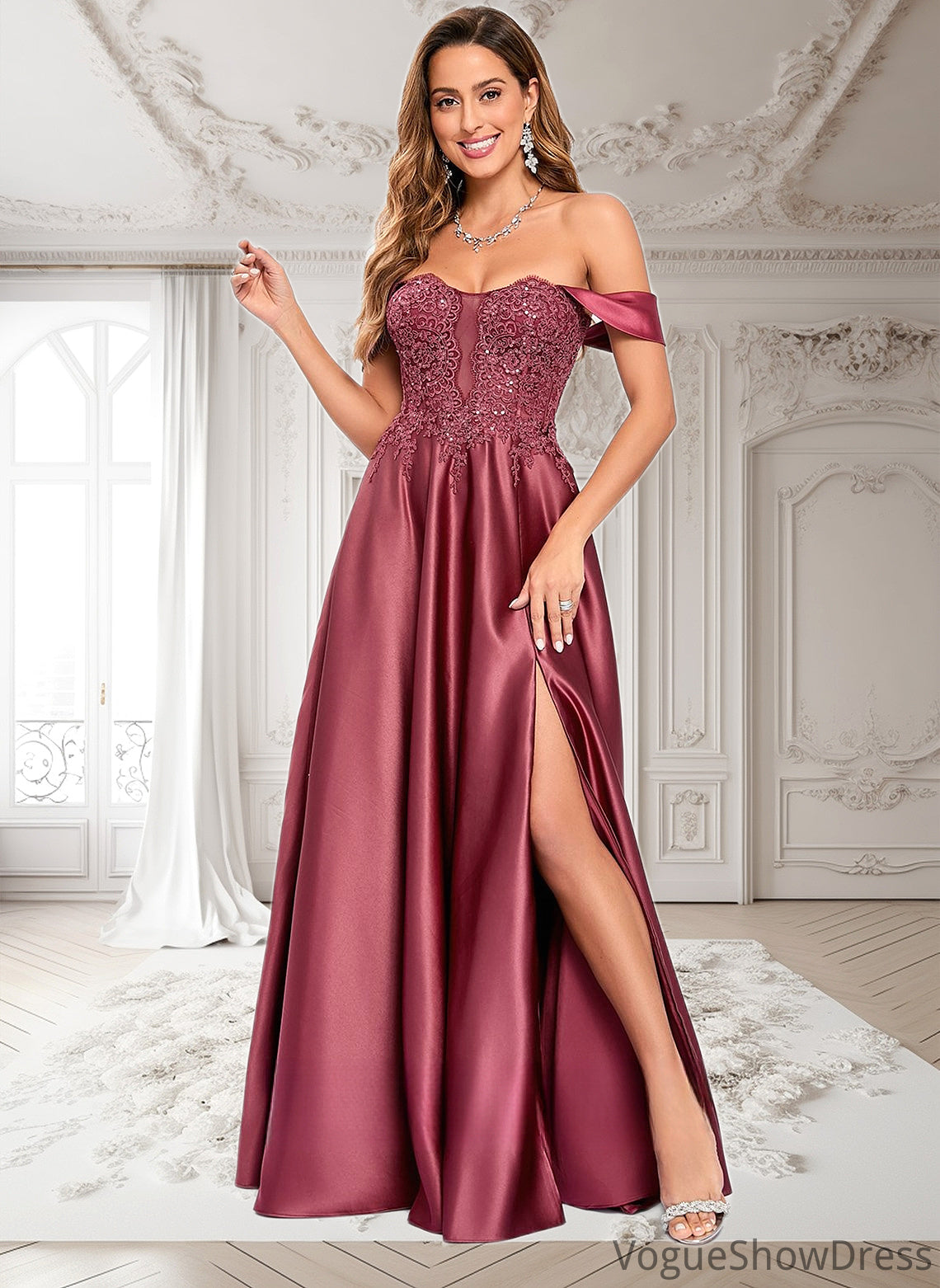 Gemma A-line Off the Shoulder Floor-Length Satin Lace Prom Dresses With Sequins DLP0025841