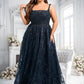 Jaylah A-line Square Floor-Length Organza Lace Floral Prom Dresses With Sequins DLP0025844