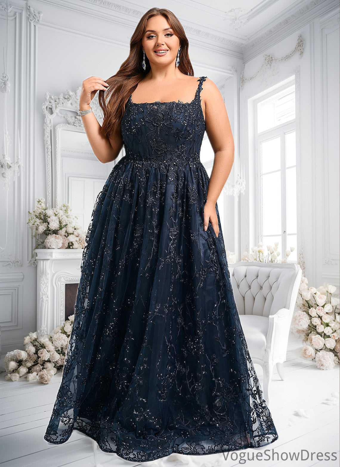 Jaylah A-line Square Floor-Length Organza Lace Floral Prom Dresses With Sequins DLP0025844