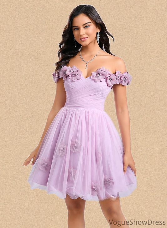 Janiya Ball-Gown/Princess Off the Shoulder Short Tulle Homecoming Dress With Pleated Flower DLP0025668