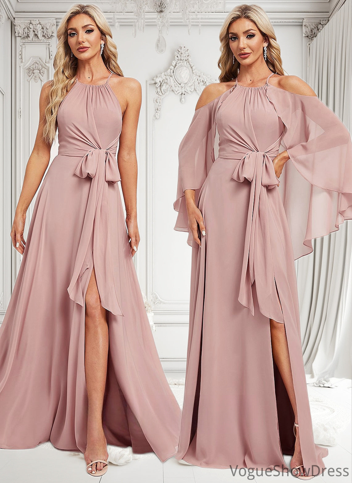 Jazmin A-line Halter Floor-Length Chiffon Bridesmaid Dress DLP0025821