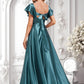 Nadine A-line V-Neck Floor-Length Stretch Satin Bridesmaid Dress With Ruffle DLP0025780