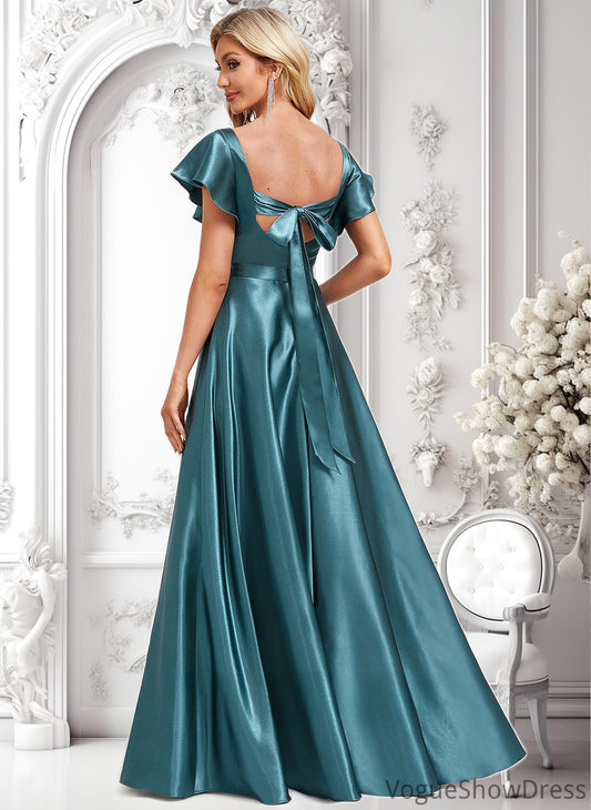 Nadine A-line V-Neck Floor-Length Stretch Satin Bridesmaid Dress With Ruffle DLP0025780