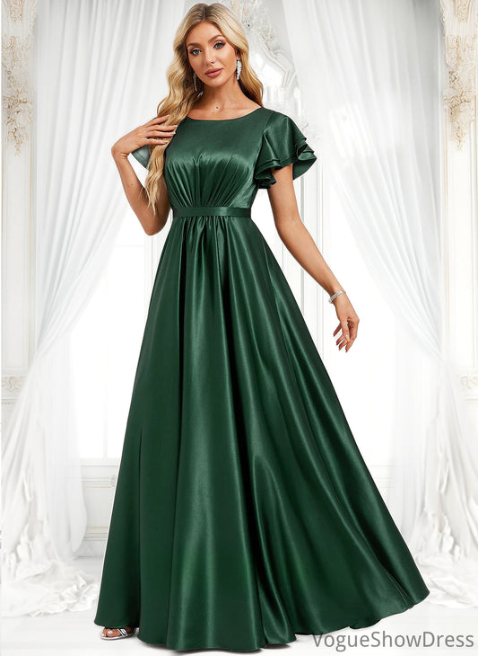 Cali A-line Scoop Floor-Length Stretch Satin Bridesmaid Dress With Ruffle DLP0025770