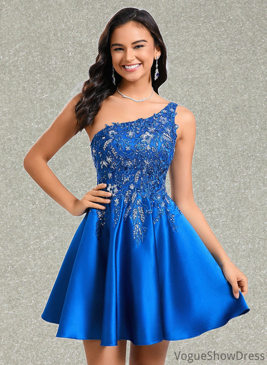 Libby A-line One Shoulder Short Satin Homecoming Dress With Appliques Lace Sequins DLP0025657