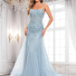 Angelica Trumpet/Mermaid Straight Sweep Train Tulle Prom Dresses With Flower DLP0025866