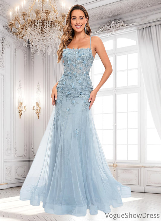 Angelica Trumpet/Mermaid Straight Sweep Train Tulle Prom Dresses With Flower DLP0025866