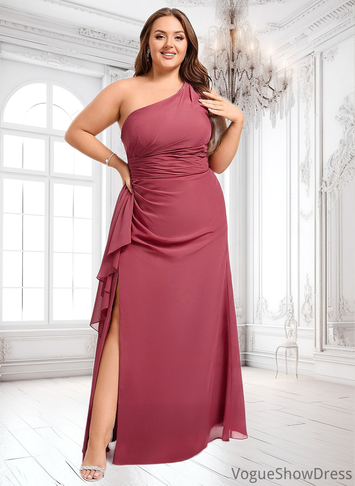 Lara A-line One Shoulder Floor-Length Chiffon Bridesmaid Dress With Ruffle DLP0025824