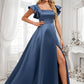 Everleigh A-line Square Floor-Length Satin Bridesmaid Dress With Ruffle DLP0025774