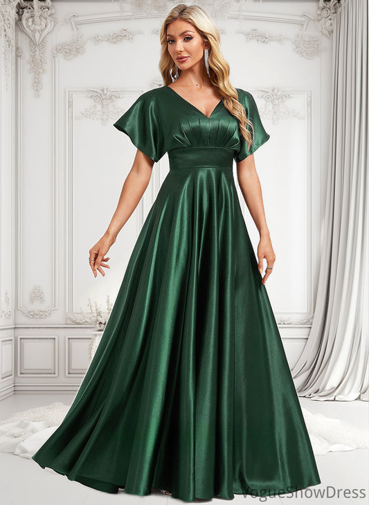 Aubrie A-line V-Neck Floor-Length Stretch Satin Bridesmaid Dress DLP0025782