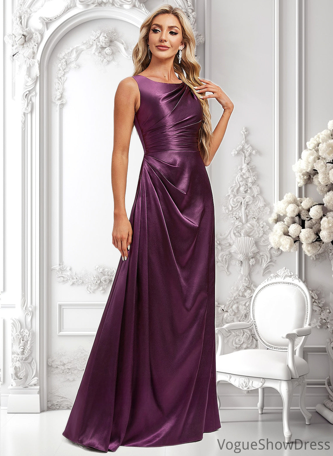 Claudia A-line Scoop Floor-Length Stretch Satin Bridesmaid Dress DLP0025829