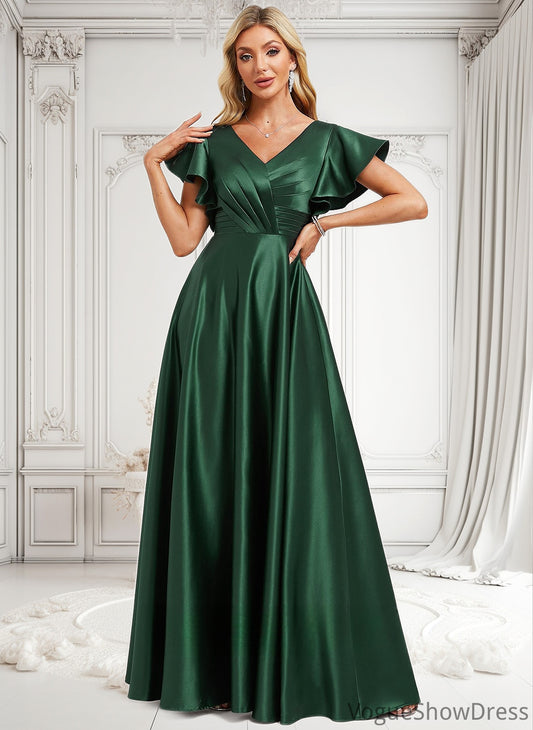 Milagros A-line V-Neck Floor-Length Satin Bridesmaid Dress With Ruffle DLP0025777