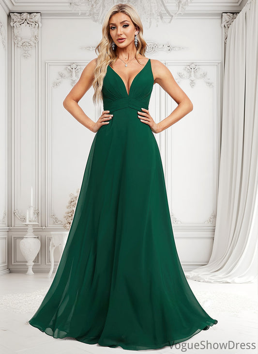 Miley A-line V-Neck Floor-Length Chiffon Bridesmaid Dress DLP0025813