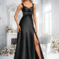 Bridget A-line V-Neck Floor-Length Stretch Satin Prom Dresses With Bow DLP0025882