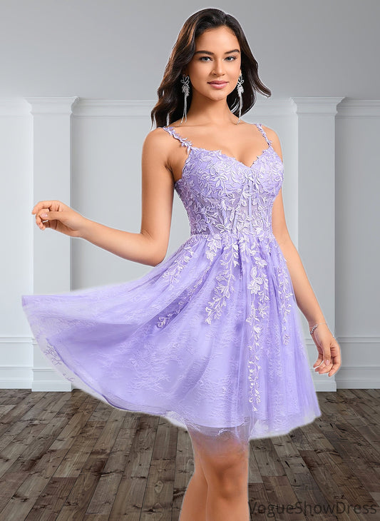 Kaitlynn A-line V-Neck Short Tulle Lace Homecoming Dress DLP0025640