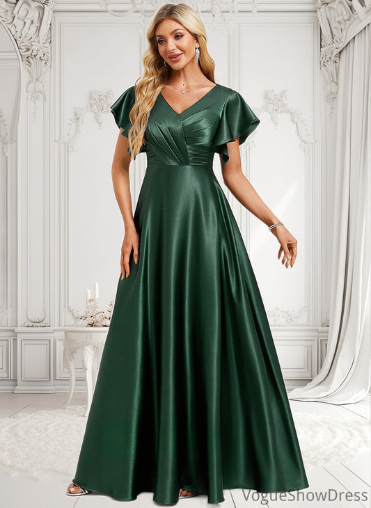 Simone A-line V-Neck Floor-Length Stretch Satin Bridesmaid Dress With Ruffle DLP0025773