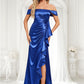 Ali Trumpet/Mermaid Off the Shoulder Floor-Length Stretch Satin Bridesmaid Dress With Ruffle DLP0025800