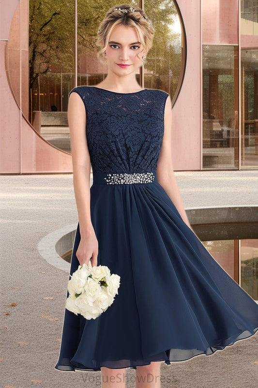 Mariela A-line Scoop Knee-Length Chiffon Lace Homecoming Dress With Beading Bow DLP0020588