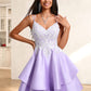 Monica A-line V-Neck Short Satin Homecoming Dress With Appliques Lace DLP0025696