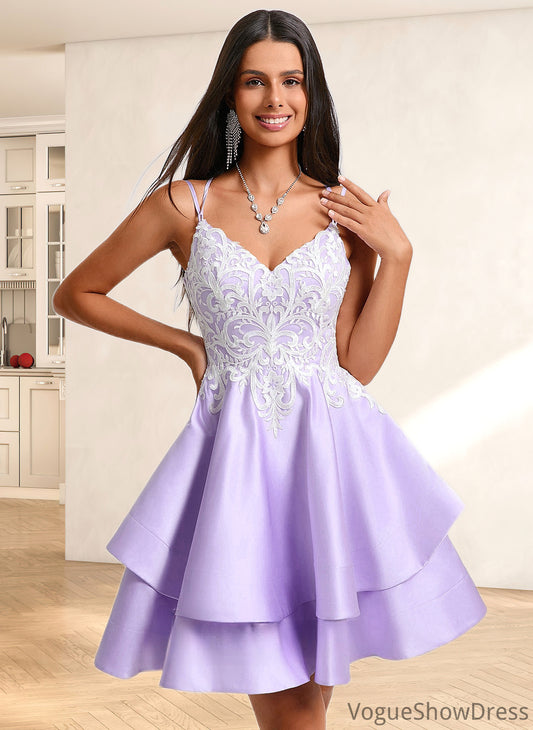 Monica A-line V-Neck Short Satin Homecoming Dress With Appliques Lace DLP0025696