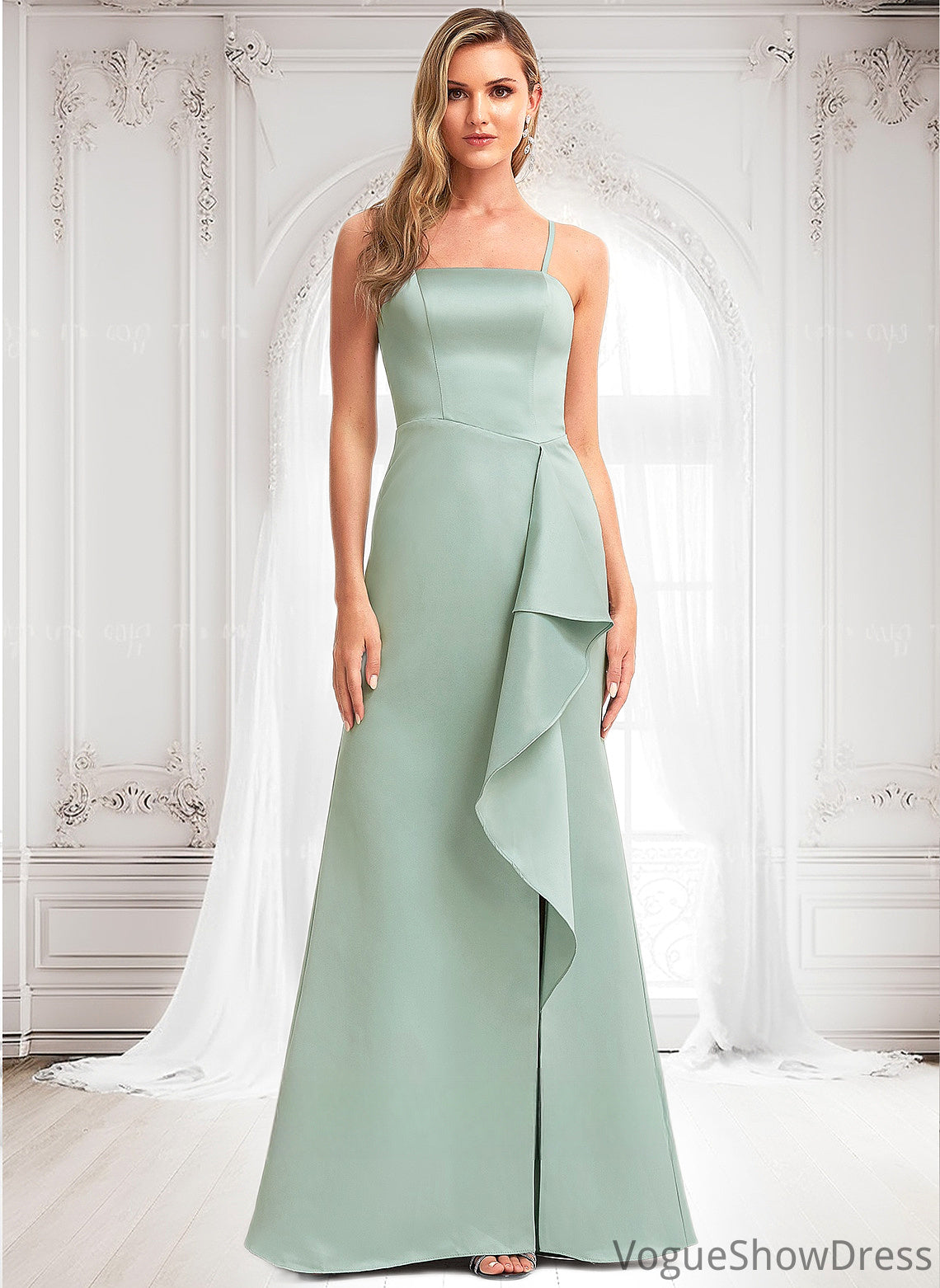 Kassidy A-line Square Floor-Length Satin Bridesmaid Dress With Ruffle DLP0025736