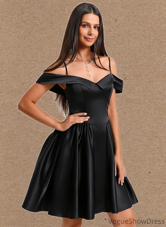 Kamari A-line Off the Shoulder Short Satin Homecoming Dress DLP0025704