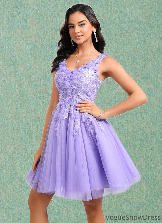 Diamond Ball-Gown/Princess V-Neck Short Lace Tulle Homecoming Dress With Flower DLP0025656