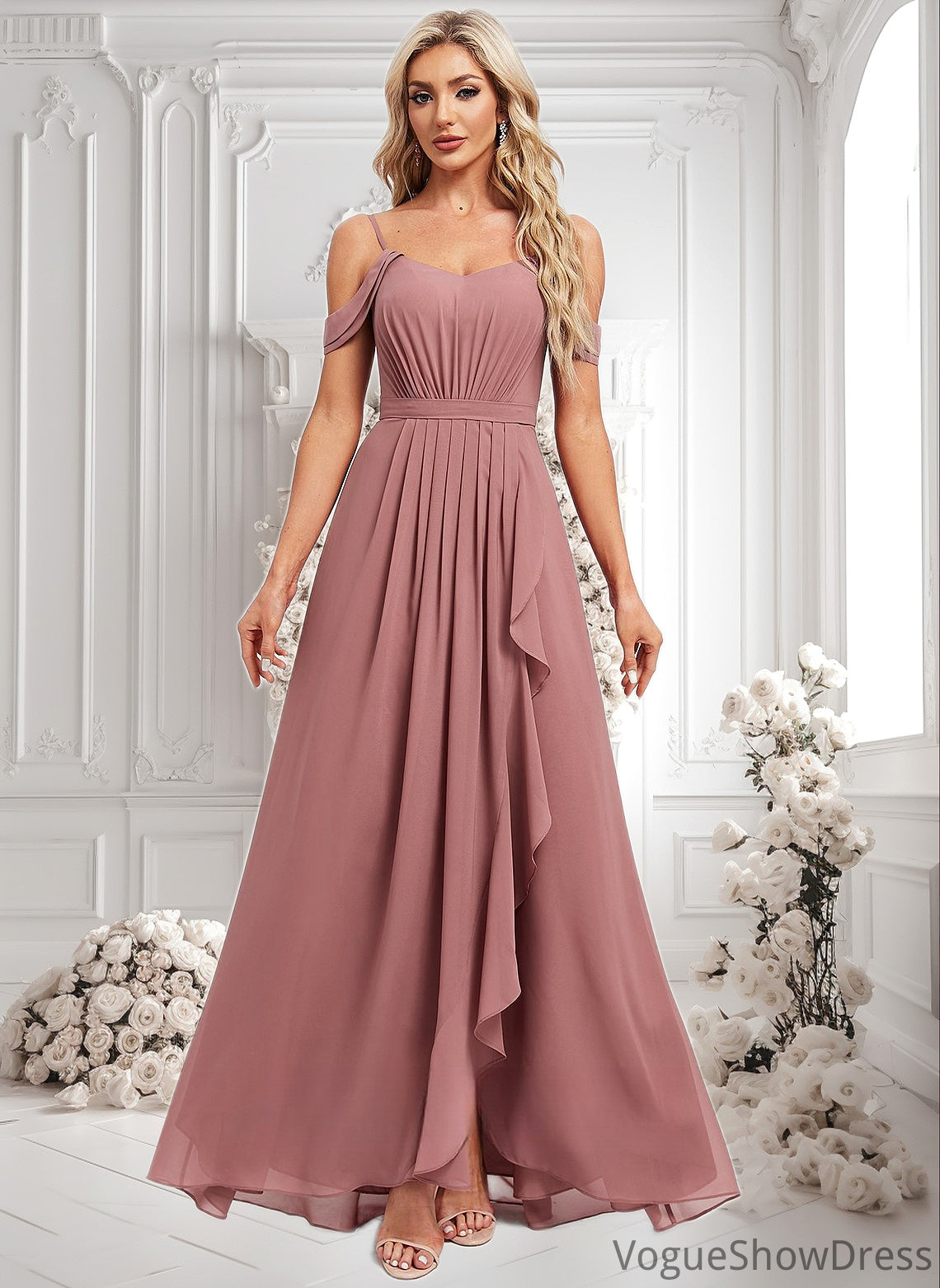 Shaniya A-line Cold Shoulder Asymmetrical Chiffon Bridesmaid Dress DLP0025823