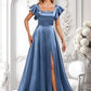 Ashlee A-line Square Floor-Length Stretch Satin Bridesmaid Dress With Ruffle DLP0025769